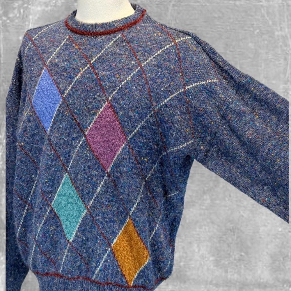 VINTAGE 80s argyle diamond men’s knit sweater wool blend preppy‎ business metro
